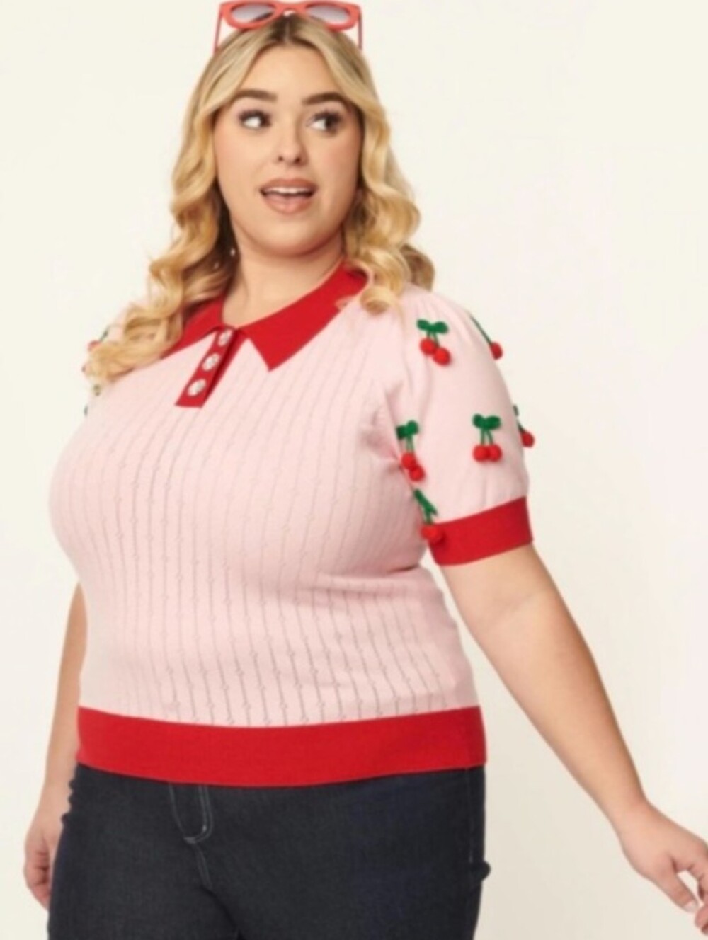 Unique Vintage Pink and Cherry Prim and Pretty Sweater Top Plus Size 26